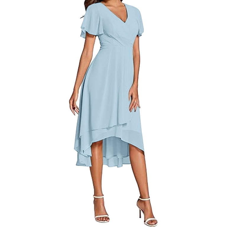Mnyycxen Women's Spring Chiffon Semi Formal Dresses V Neck Ruffle Sleeves High Low Cocktail Dress for Wedding Guest, Size: Medium, Black Mnyycxen Women's Spring Chiffon Semi Formal Dresses V Neck Ruffle Sleeves High Low Cocktail Dress for Wedding Guest, Size: Medium, Black