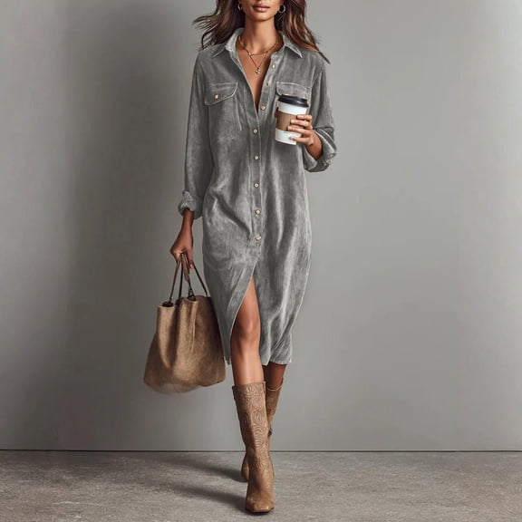 Women's Spring Corduroy Button Down Shirt Dress, Long Sleeve Lapel Midi Dress, Casual Loose Everyday Dress