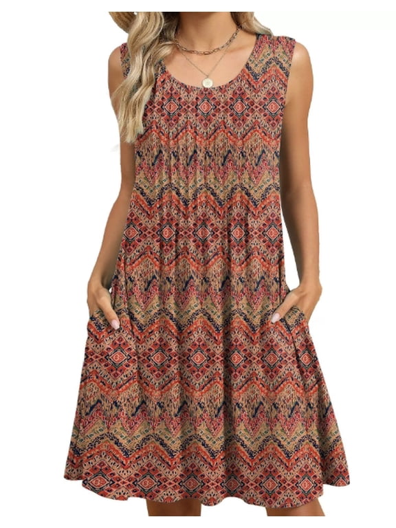 Women's Spring Crew Neck Sleeveless Printed Flowy A-Line Sundress with Pockets Casual Midi Dress