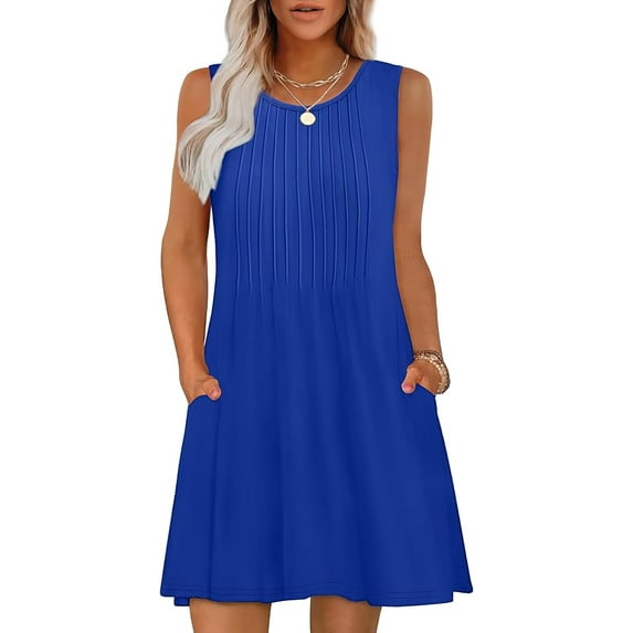 Women's Spring Crew Neck Sleeveless Printed Flowy A-Line Sundress with Pockets Casual Midi Dress