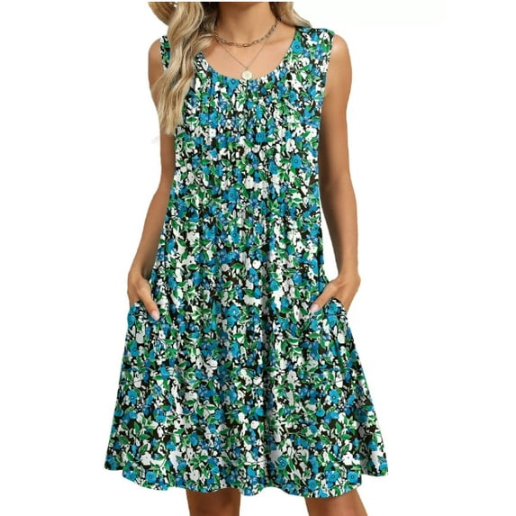 Women's Spring Crew Neck Sleeveless Printed Flowy A-Line Sundress with Pockets Casual Midi Dress