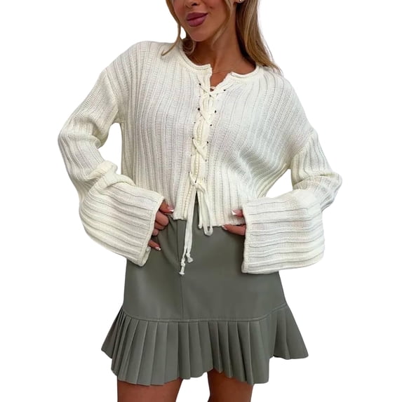 Women's Spring Crop Tie Front Cardigan Long Sleeve Rib Knit Sweater Top