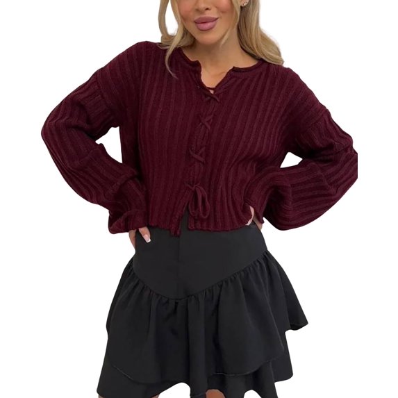 Women's Spring Crop Tie Front Cardigan Long Sleeve Rib Knit Sweater Top