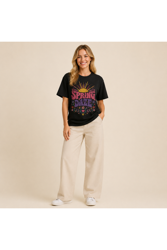 Women's Spring Daze Graphic T-Shirt, Black Short Sleeve Crew Neck Tee for Casual Spring Summer Wear