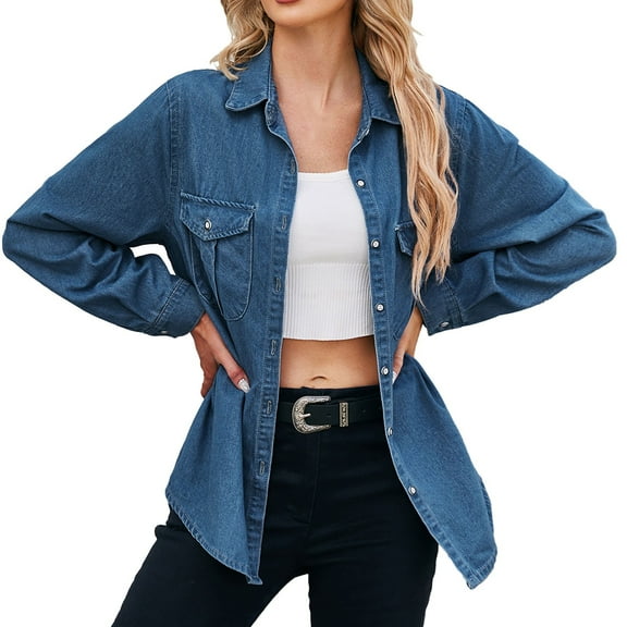 Women's Spring Denim Shirt - Oversized Boyfriend Style, Button Down, Chest Pockets, Side Splits - Ideal for Layers in Spring/Fall