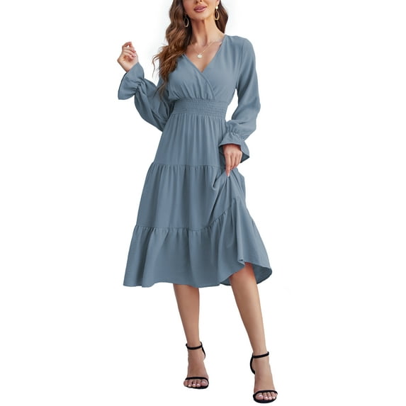 Women's Spring Dress, Long Sleeve Mini Tunic Casual V Neck Wedding Guest Dresses