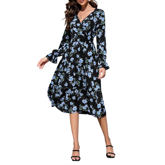 Women's Spring Dress, Long Sleeve Mini Tunic Casual V Neck Wedding Guest Dresses