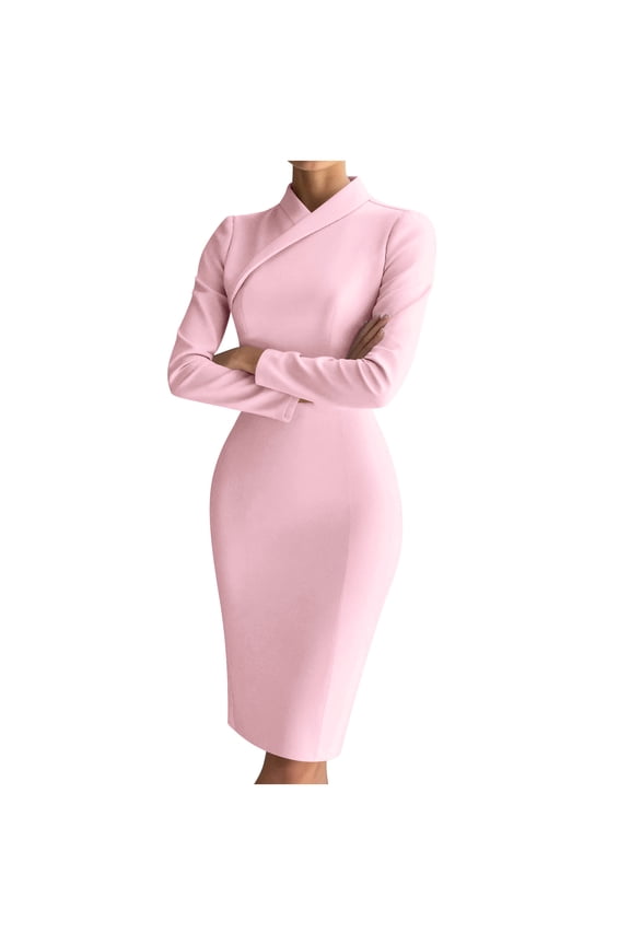 Women's Spring Elegant Asymmetrical Neckline Long Sleeve V Neck Office Business Bodycon Sheath Midi Dress,Pink,XXL