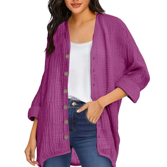 Women's Spring Fall Casual Solid Color Loose Fit Long Sleeve Button Closure Comfortable Cardigan Top for Daily Casual Outfits