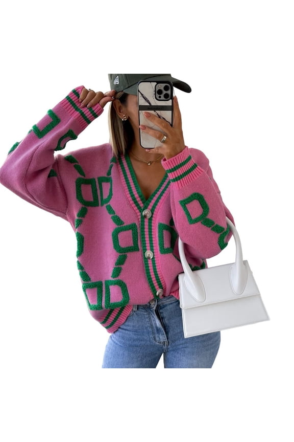 Women's Spring Fall Chunky Knit Cardigan Sweaters Casual Open Front Button Up Winter Coats Outerwear Pink L
