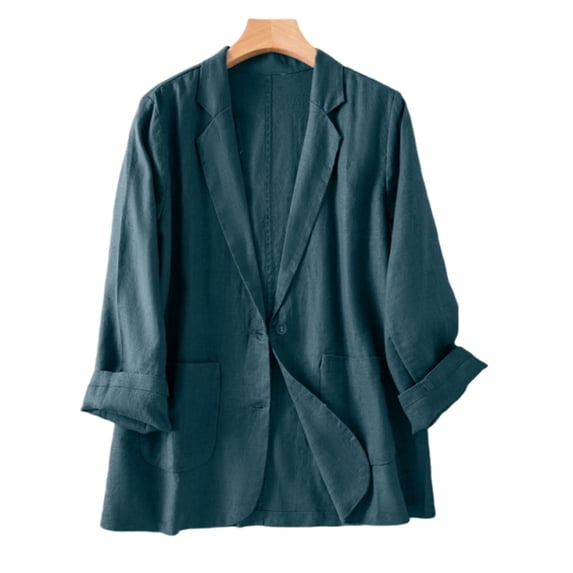 Women’s Spring Fall Cotton Linen Long Sleeve Open Front Blazer Jacket Solid Button Closure Double Pockets Lightweight Casual Suit Coat for office Work Army Green