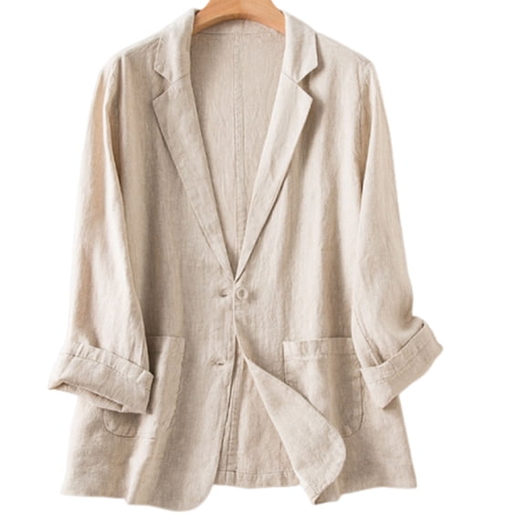 Women’s Spring Fall Cotton Linen Long Sleeve Open Front Blazer Jacket Solid Button Closure Double Pockets Lightweight Casual Suit Coat for office Work Beige