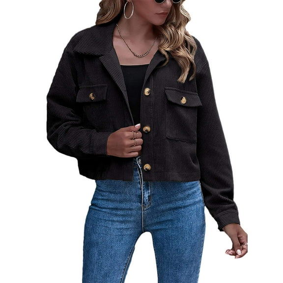 Women's Spring Fall Cropped Corduroy Shacket - Button Front Short Jacket with Pockets