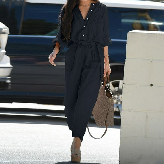 Women's Spring Fall Jumpsuits Casual Dressy One Piece Outfits V Neck Long Sleeve Belt Pockets Long Pants Romper Black XXL