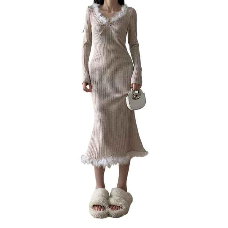 Women's Spring Fall Knit Bodycon Dress Feather Trim V-Neck Long