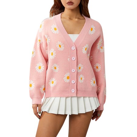 Women's Spring Fall Knit Cardigan Button Down Sweater Long Sleeve V Neck Floral Print Loose Coat