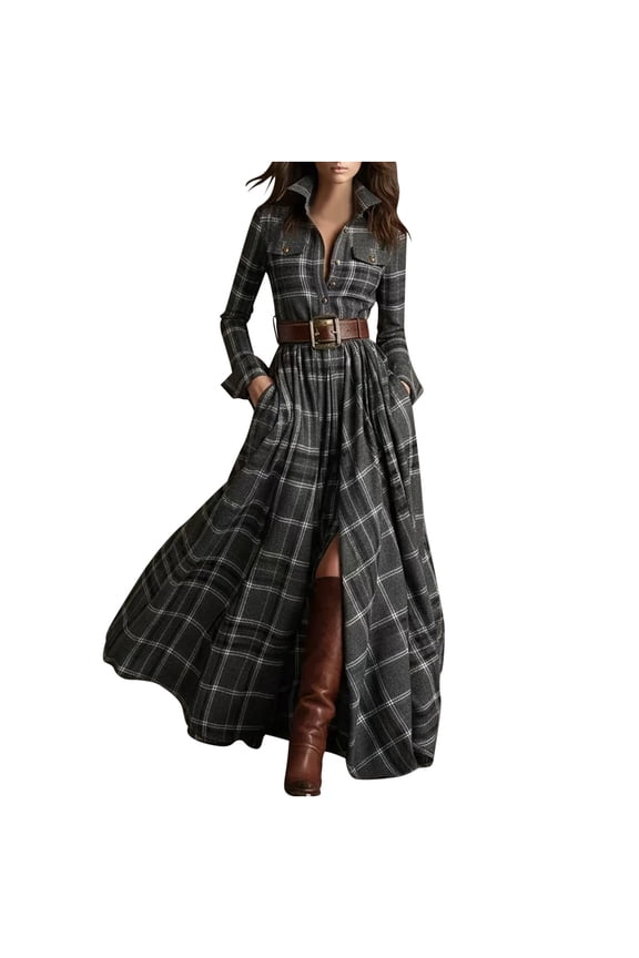 Women's Spring Fall Plaid Button Down Maxi Shirt Dress Long Sleeve Belted Trench Coat Style Dress with Pockets,Gray,M