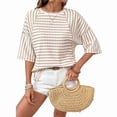 thumbnail image 1 of Women's Spring Fashion Elegant Casual Striped Color-Blocked Tops Loose Tshirts Basic Blouse Beige M, 1 of 3