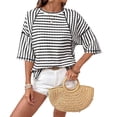 thumbnail image 1 of Women's Spring Fashion Elegant Casual Striped Color-Blocked Tops Loose Tshirts Basic Blouse Black M, 1 of 3