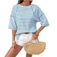 thumbnail image 1 of Women's Spring Fashion Elegant Casual Striped Color-Blocked Tops Loose Tshirts Basic Blouse Blue M, 1 of 3