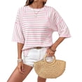 thumbnail image 1 of Women's Spring Fashion Elegant Casual Striped Color-Blocked Tops Loose Tshirts Basic Blouse Pink XL, 1 of 3