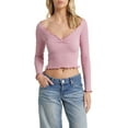 thumbnail image 1 of Women's Spring Fitted Crop Tops Long Sleeve V Neck Ribbed Knit Ruffle Slim T-shirt, 1 of 6