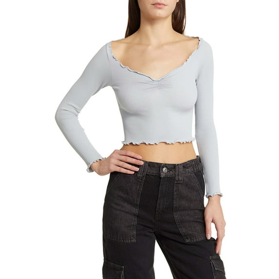 Women's Spring Fitted Crop Tops Long Sleeve V Neck Ribbed Knit Ruffle Slim T-shirt