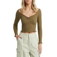 thumbnail image 1 of Women's Spring Fitted Crop Tops Long Sleeve V Neck Ribbed Knit Ruffle Slim T-shirt, 1 of 6