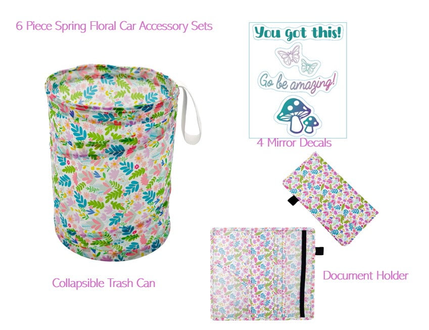 Women's Spring Floral Car Accessory Set with Document Holder, Collapsible Trashcan, and 4 Mirror Decal Stickers