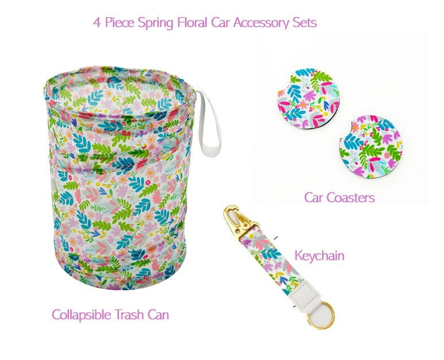 Women's Spring Floral Car Accessory Set with Keychain, Collapsible Trashcan, and Coasters