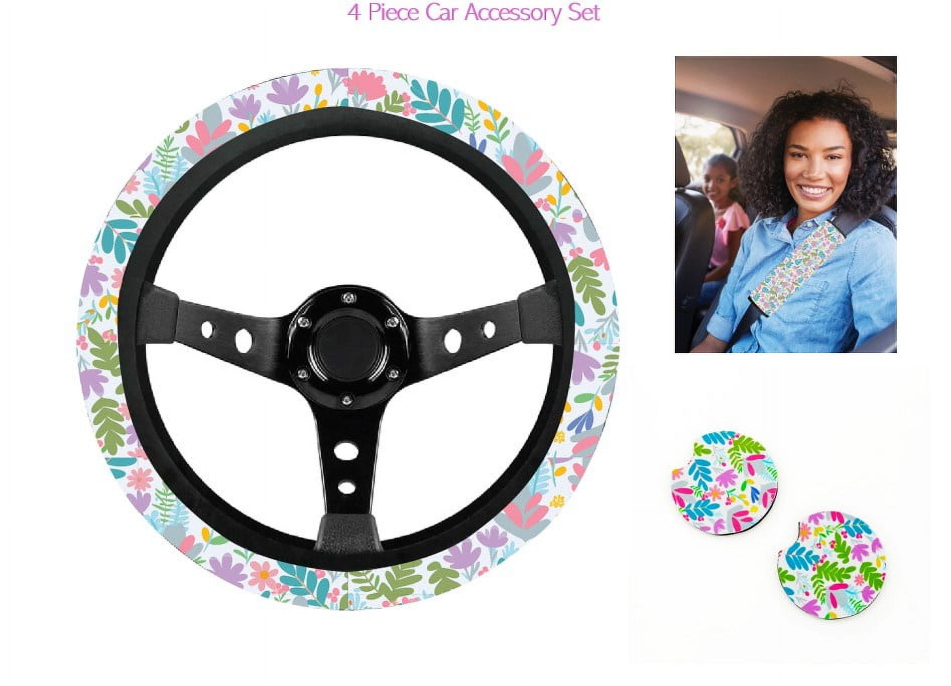 Women's Spring Floral Car Accessory Set with Seatbelt Cover, Steering Wheel Cover, and Coasters