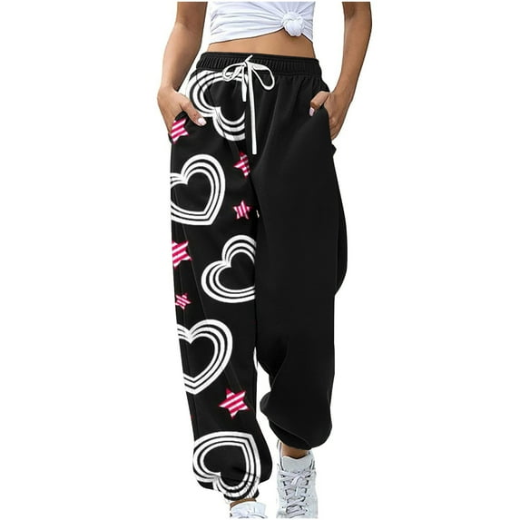 Women's Spring High Waisted Sweatpants Drawstring Joggers Cinch Bottom Cute Graphic Printed Pants Workout Trousers(Black,XL)