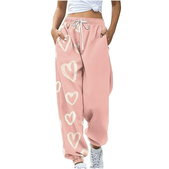 Women's Spring High Waisted Sweatpants Drawstring Joggers Cinch Bottom Cute Graphic Printed Pants Workout Trousers(Pink,S)