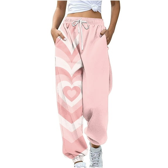 Women's Spring High Waisted Sweatpants Drawstring Joggers Cinch Bottom Cute Graphic Printed Pants Workout Trousers(Pink,XXL)