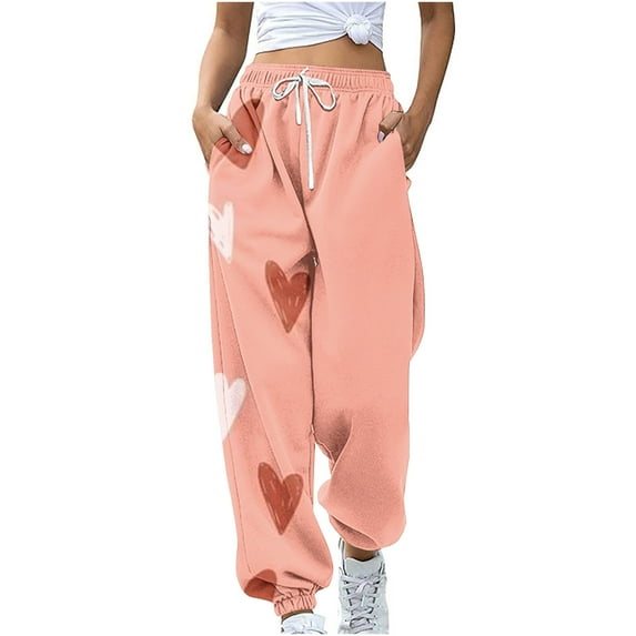 Women's Spring High Waisted Sweatpants Drawstring Joggers Cinch Bottom Cute Graphic Printed Pants Workout Trousers(Pink,XXL)