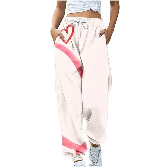 Women's Spring High Waisted Sweatpants Drawstring Joggers Cinch Bottom Cute Graphic Printed Pants Workout Trousers(Pink,XXL)