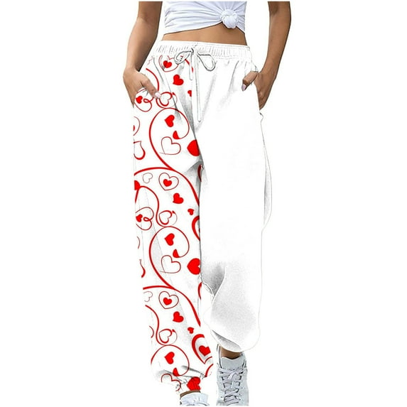 Women's Spring High Waisted Sweatpants Drawstring Joggers Cinch Bottom Cute Graphic Printed Pants Workout Trousers(White,S)