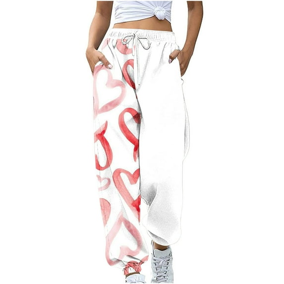 Women's Spring High Waisted Sweatpants Drawstring Joggers Cinch Bottom Cute Graphic Printed Pants Workout Trousers(White,XL)
