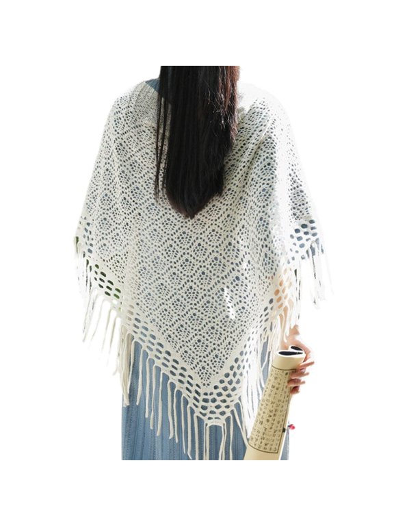 Women's Spring Knitted Shawl Wrap with Crochet Pattern and Tassels For Layering On Chilly Night and Vacation Daily Wear