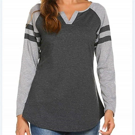 Women's Spring Multi-Color Stripe Stitching Long Sleeve T-shirt V-neck Color Matching Top