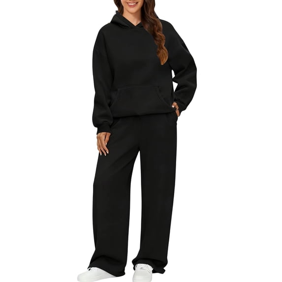 Women's Spring Oversized Sweatsuit Set Long Sleeve Hoodie with Wide Leg Sweatpants Casual Fall Winter Lounge Travel Outfit 2026 Black S