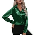 thumbnail image 1 of Women's Spring Satin Shirts Buttons Lapel V Neck Long Sleeve Tunic Blouses Solid Color Trendy Casual Tops Green,S, 1 of 6
