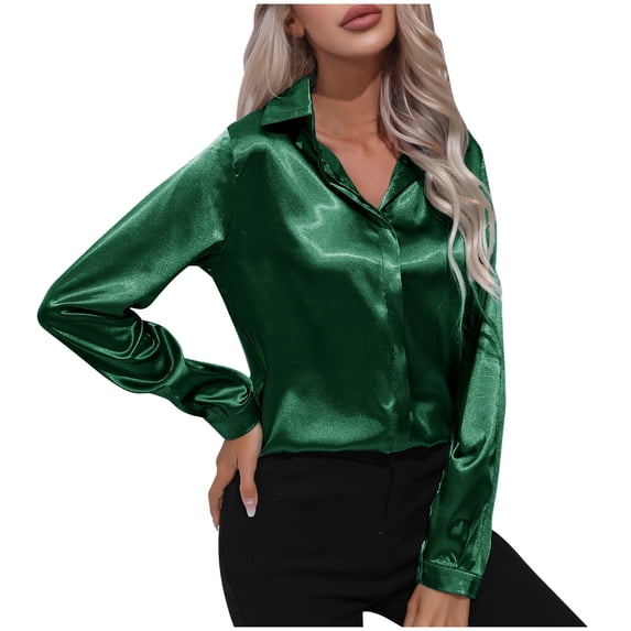 Women's Spring Satin Shirts Buttons Lapel V Neck Long Sleeve Tunic Blouses Solid Color Trendy Casual Tops Green,S