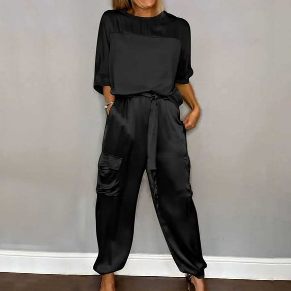 Women's Spring Set V-Neck Lapel Shirt and Wide Leg Pants Color Coordinated