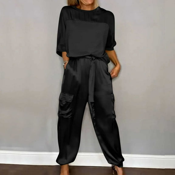 Women's Spring Set V-Neck Lapel Shirt and Wide Leg Pants Color Coordinated