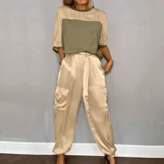 Women's Spring Set V-Neck Lapel Shirt and Wide Leg Pants Color Coordinated