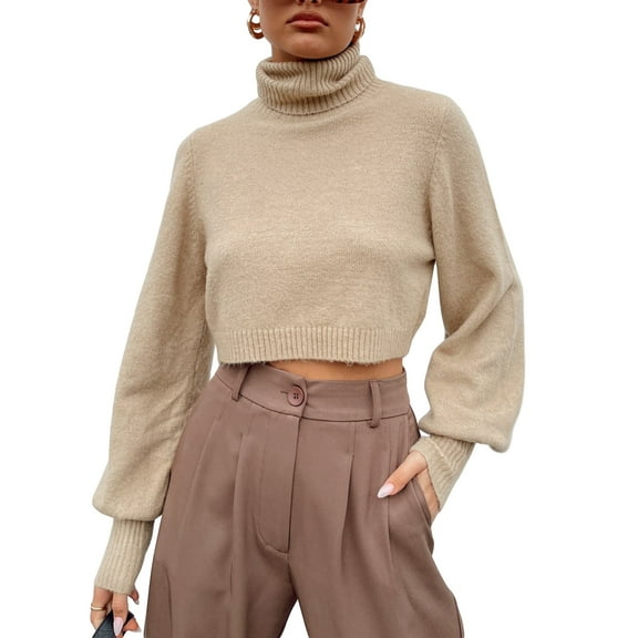 Women's Spring Short Knit Sweater Solid Color Long Sleeve Cowl Neck Pullover Knitwear