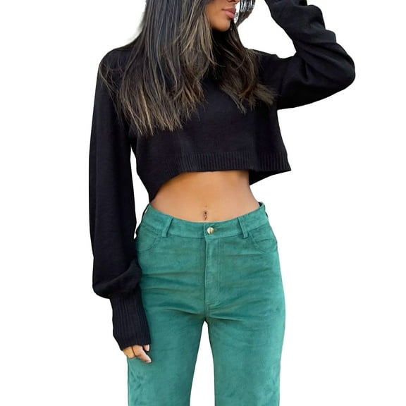 Women's Spring Short Knit Sweater Solid Color Long Sleeve Cowl Neck Pullover Knitwear