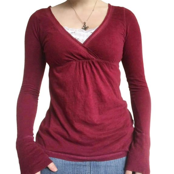 Women's Spring Slim Fit Tops Solid Color Long Sleeve Wrap V-Neck T-Shirt Streetwear