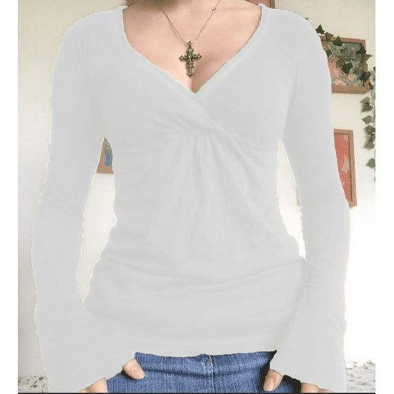 Women's Spring Slim Fit Tops Solid Color Long Sleeve Wrap V-Neck T-Shirt Streetwear